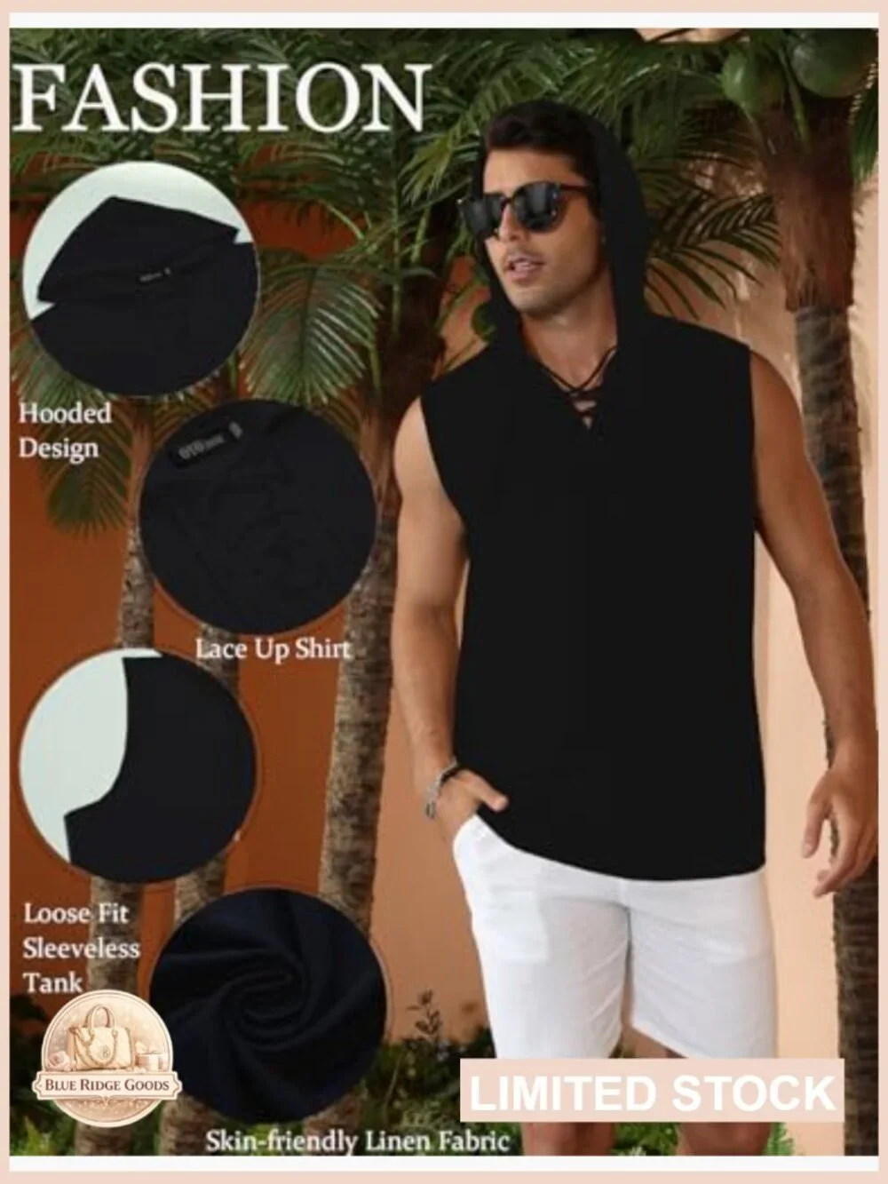 Men's Linen Tank Top Sleeveless Hooded Lace Up Beach Yoga Renaissance Tunic